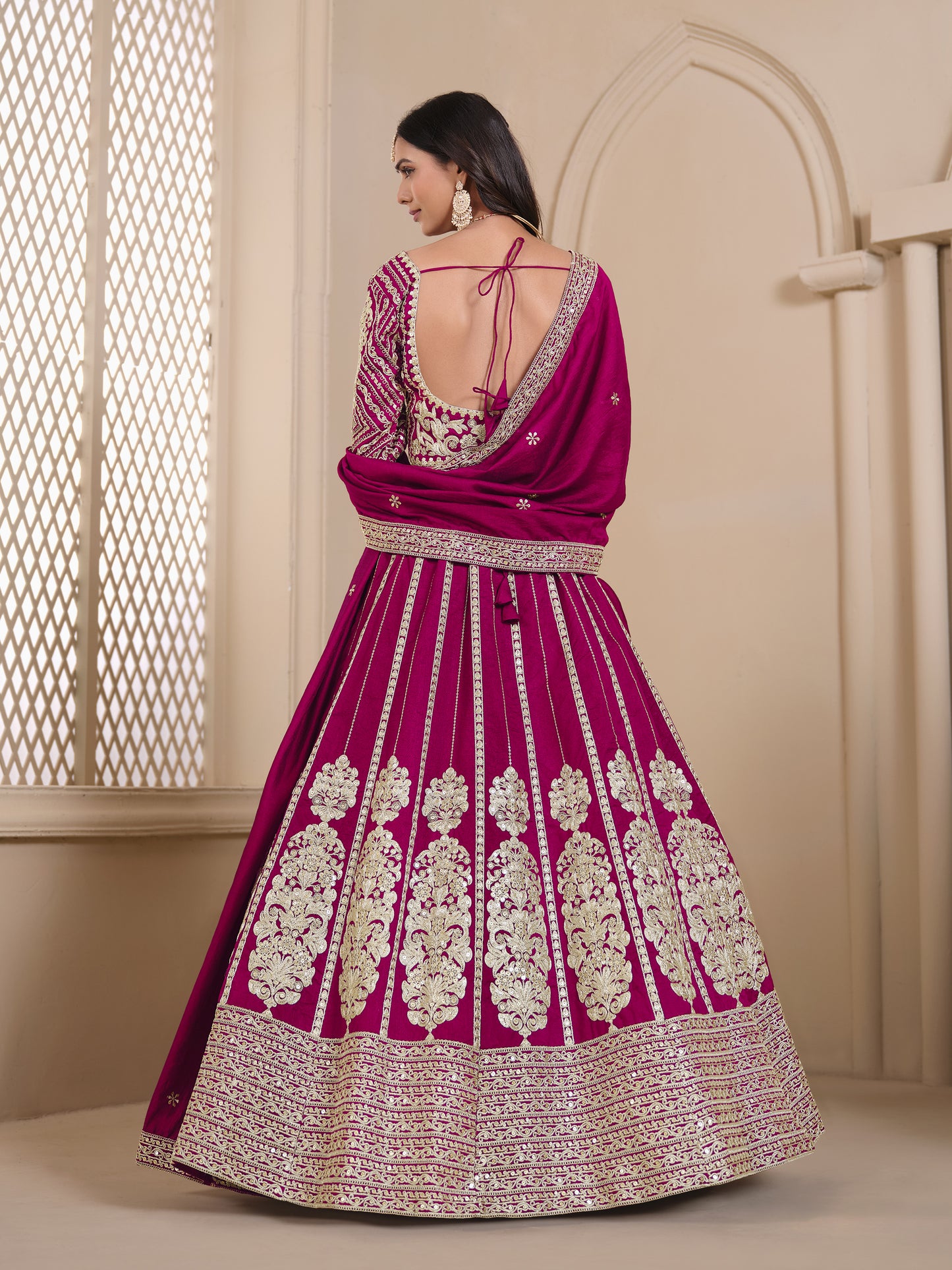 Elegant pink lehenga back view styling