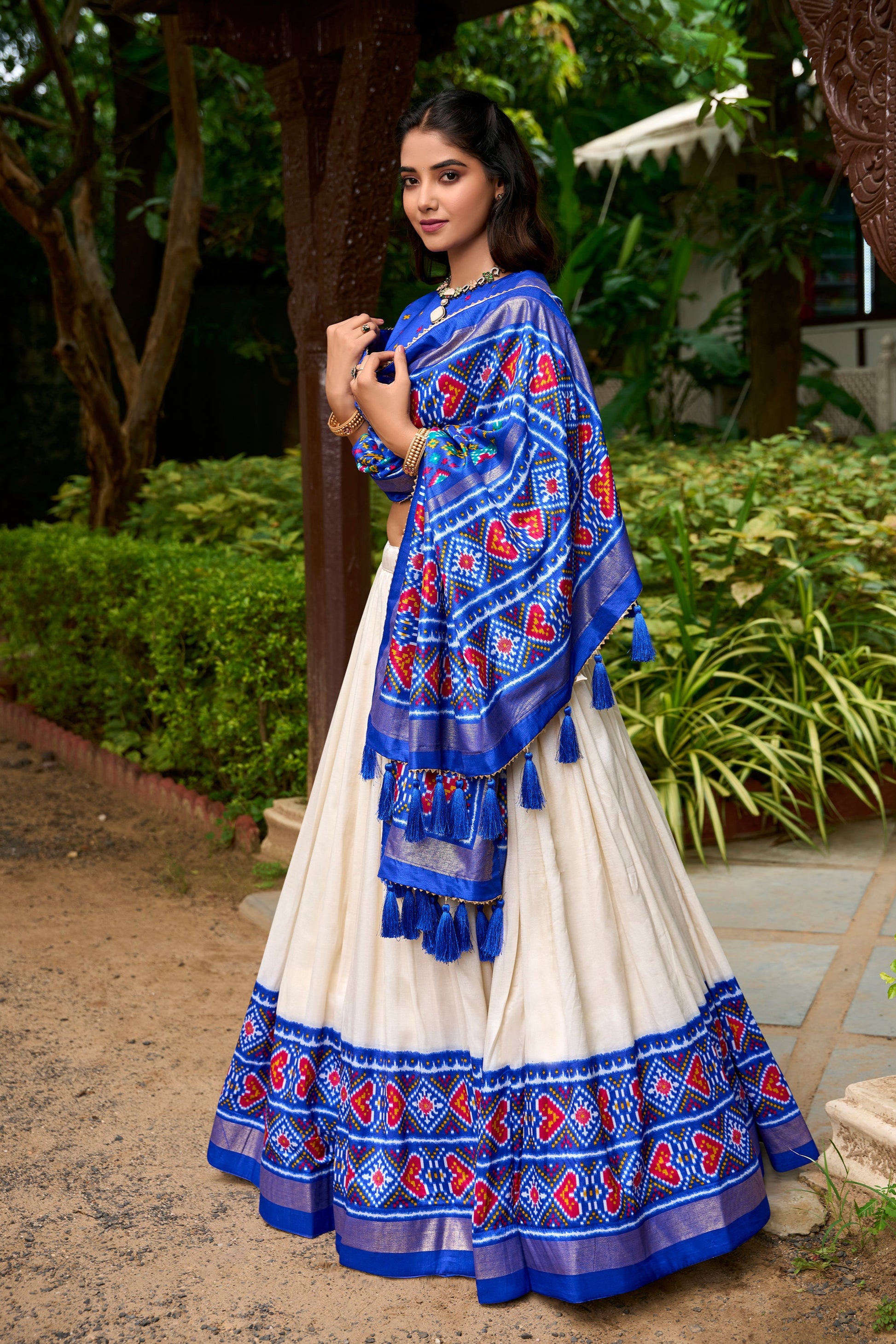 Detailed view of foil print motifs on lehenga panel