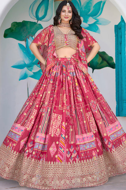Bright pink embroidered lehenga choli full outfit view
