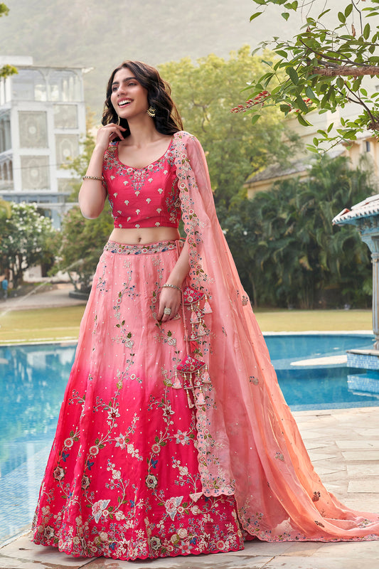 Bright pink lehenga choli ghagra full front view with embroidery