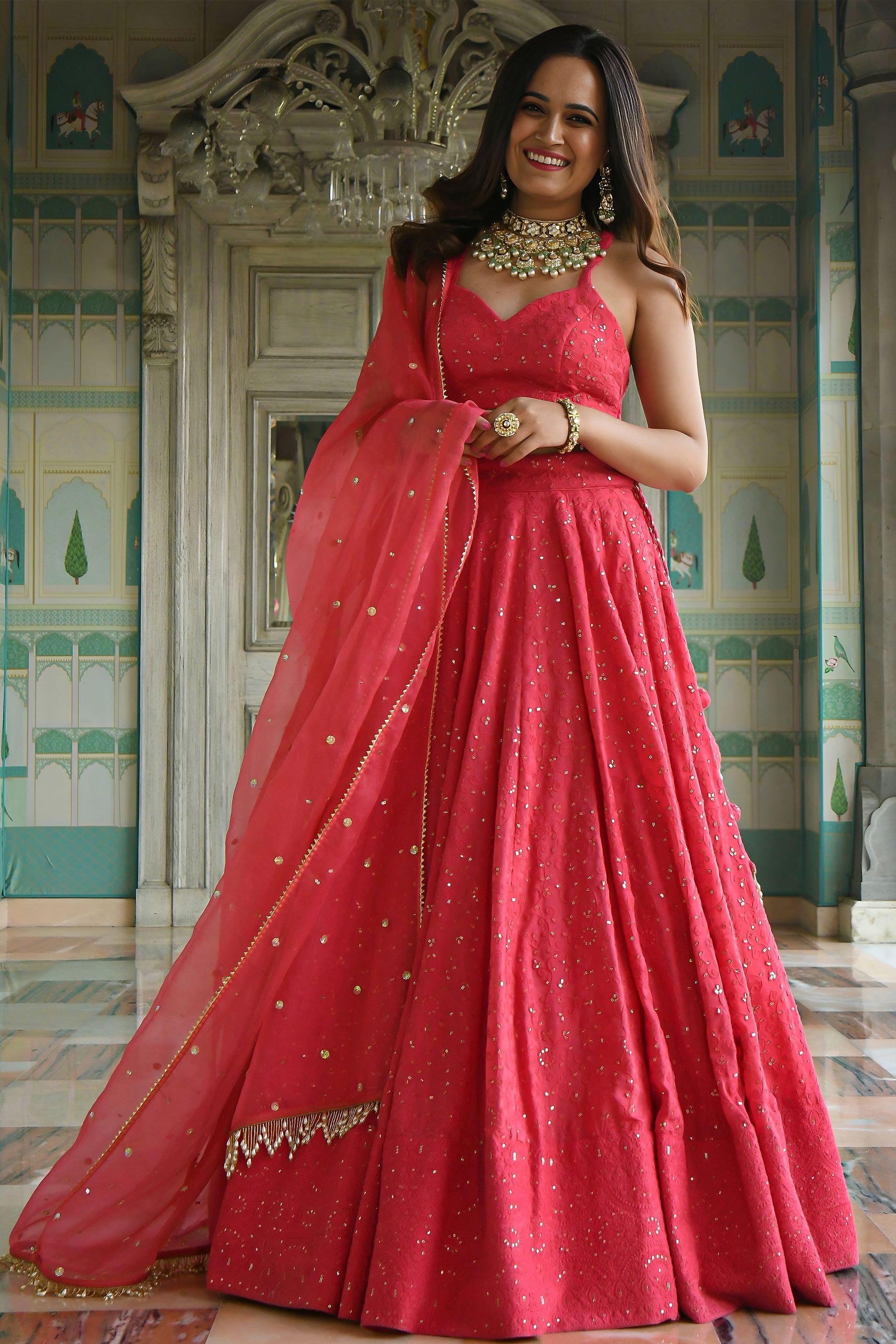 Bright Pink Lehenga Choli styled for Navratri celebration