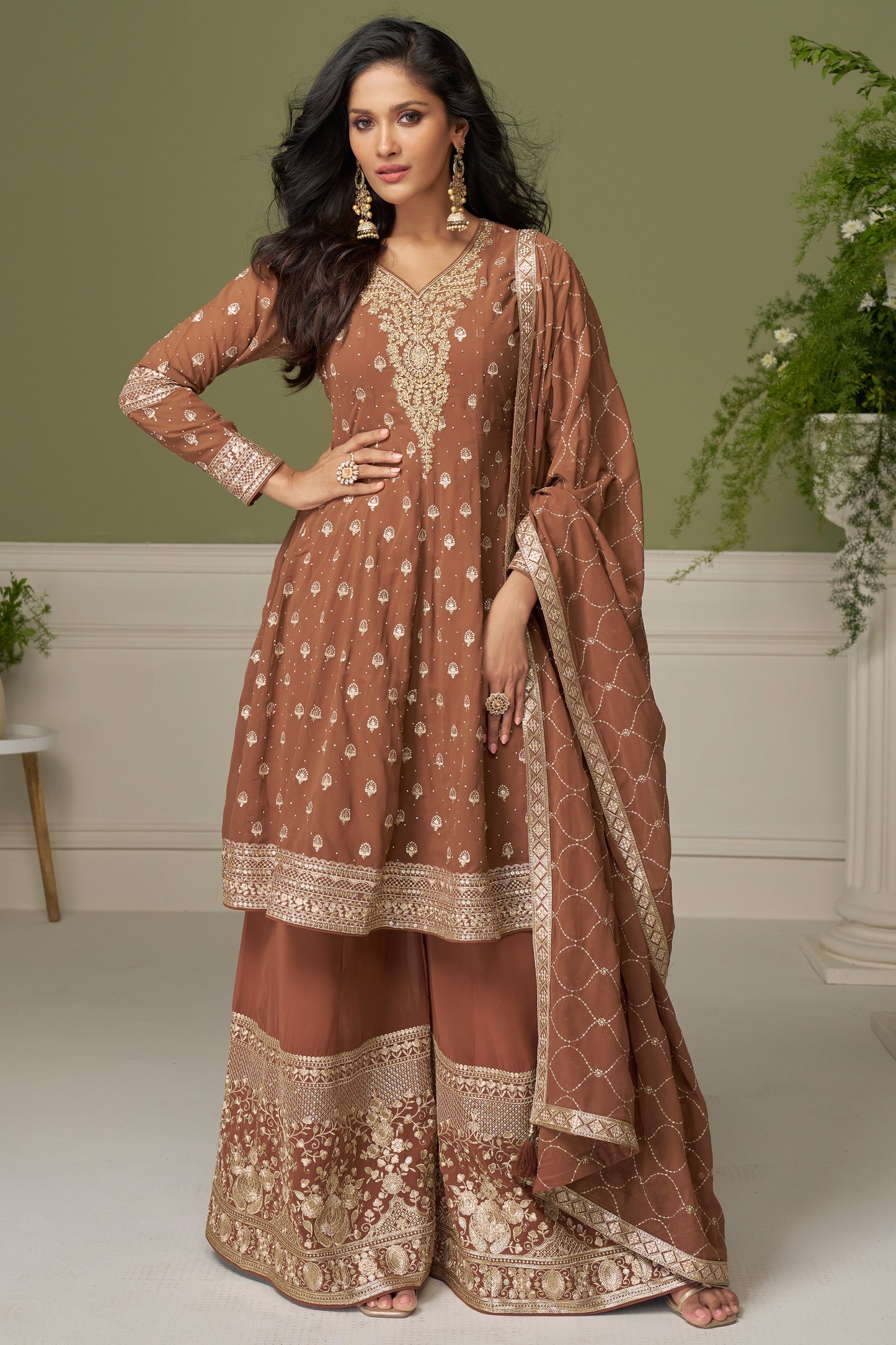 Bronze palazzo pants set with embroidered georgette top front view