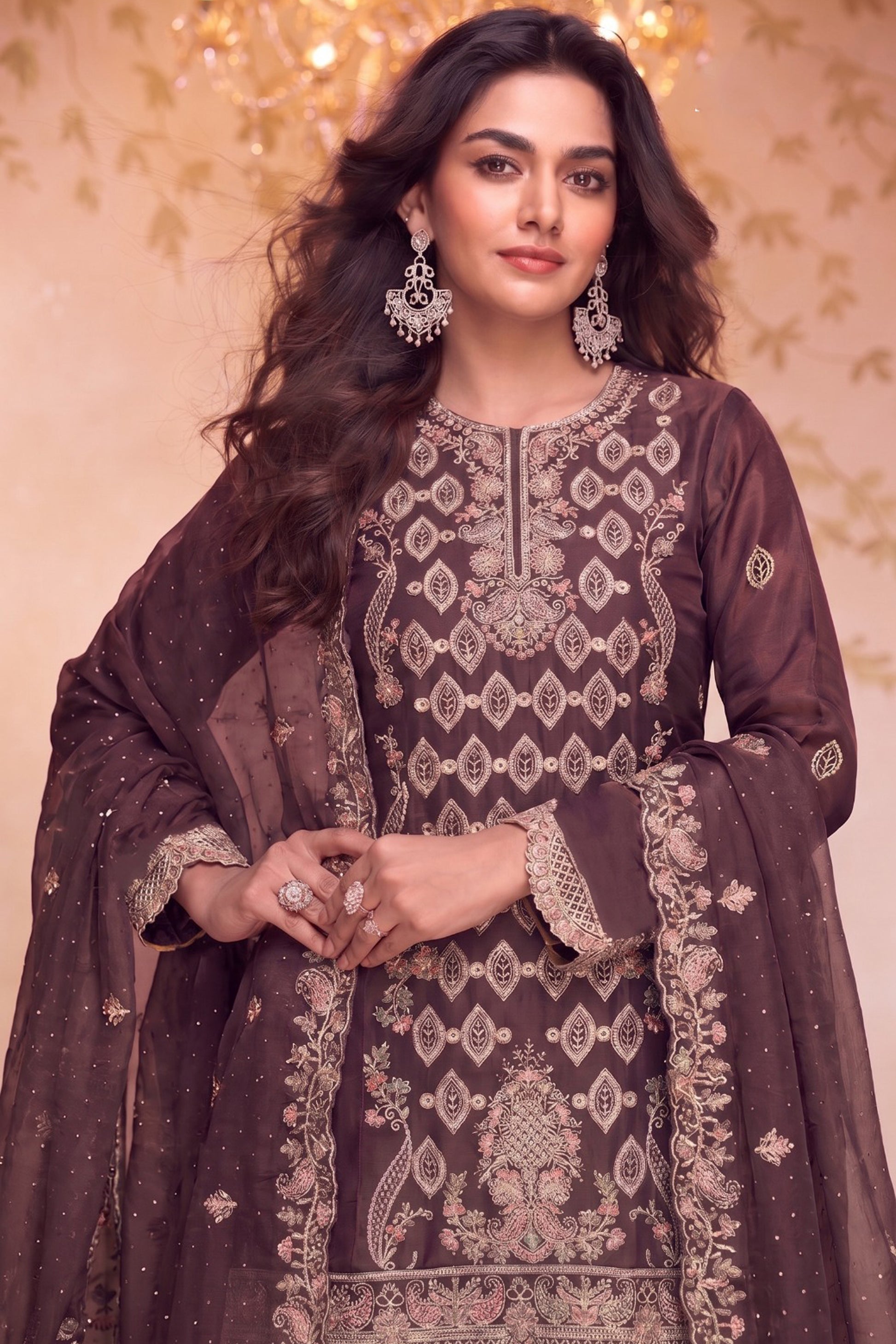 Brown Palazzo with Heavy Thread Sequin Embroidery close-up view
