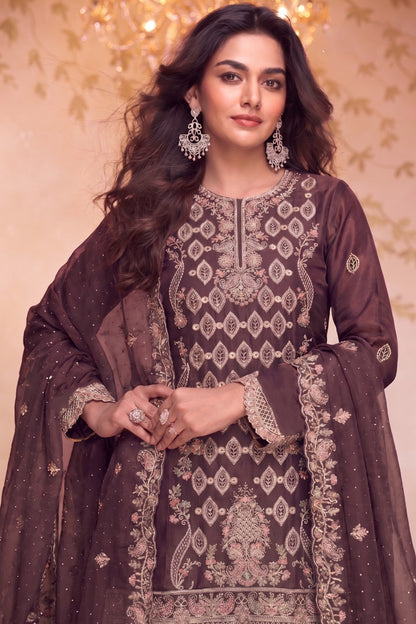 Brown Palazzo with Heavy Thread Sequin Embroidery close-up view