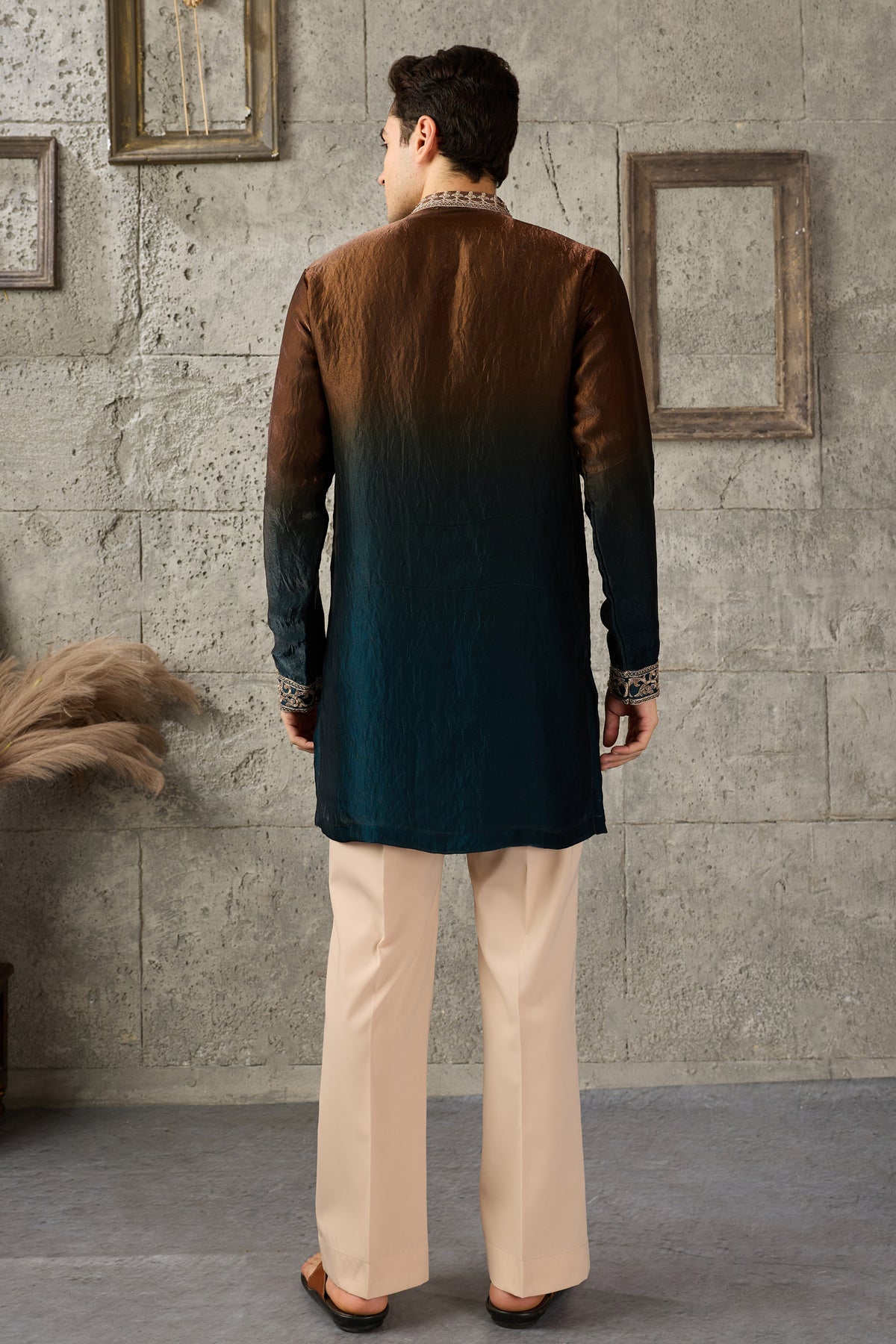Brown men's kurta pajama with thread embroidery