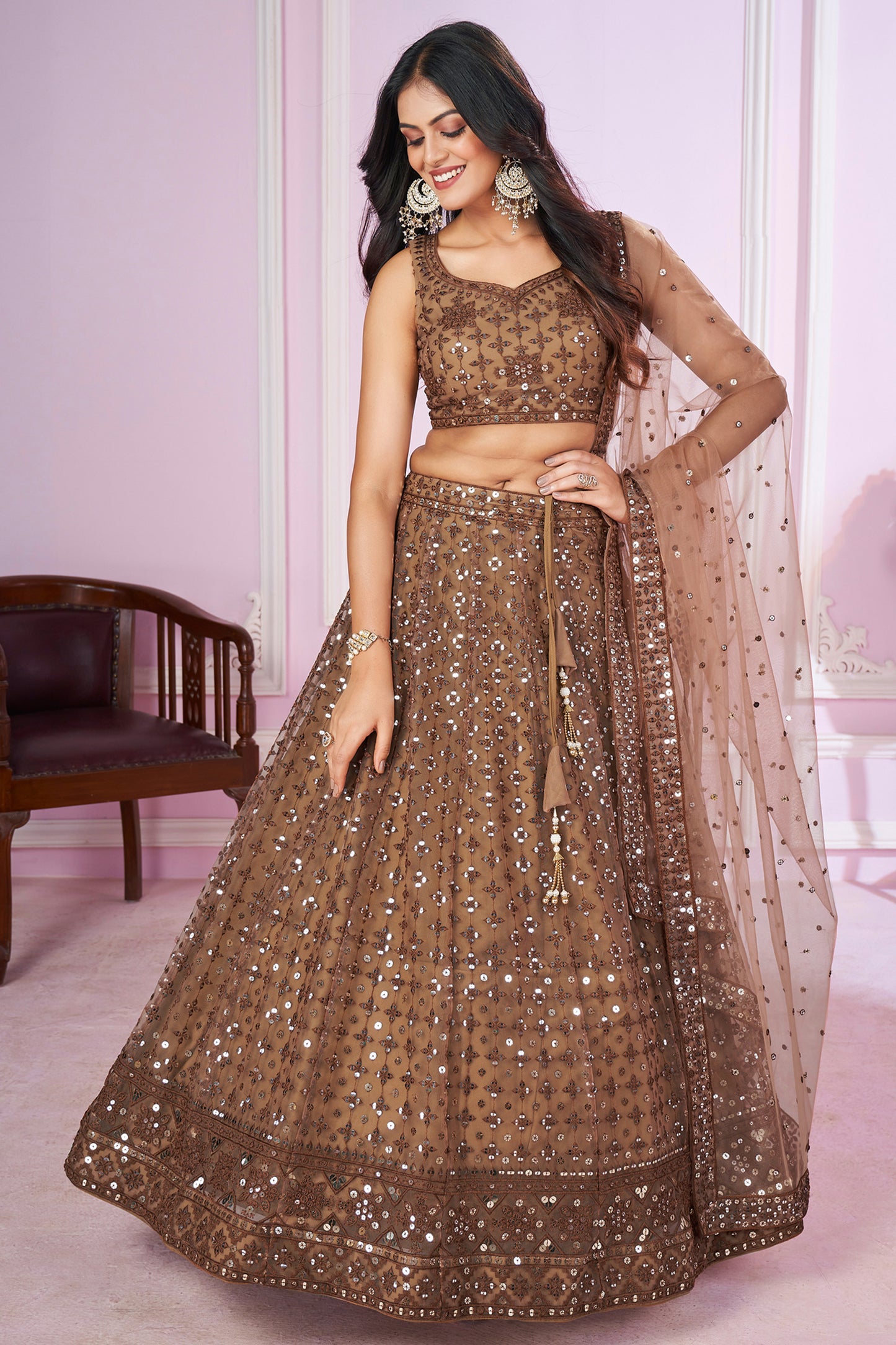 Brown lehenga choli full front view with embroidery detail