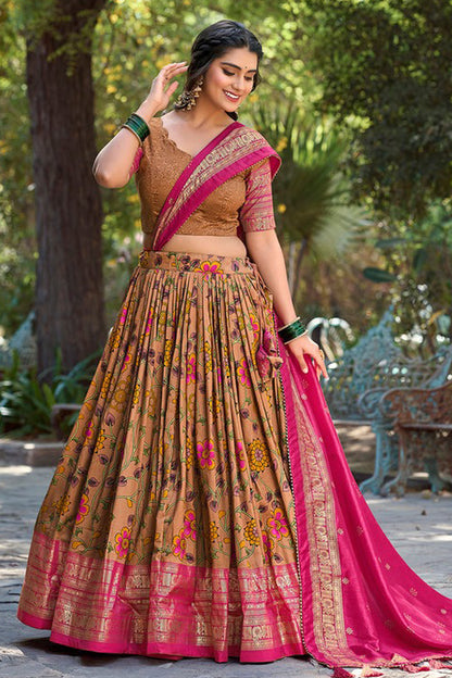Brown lehenga full front view with Kalamkari print