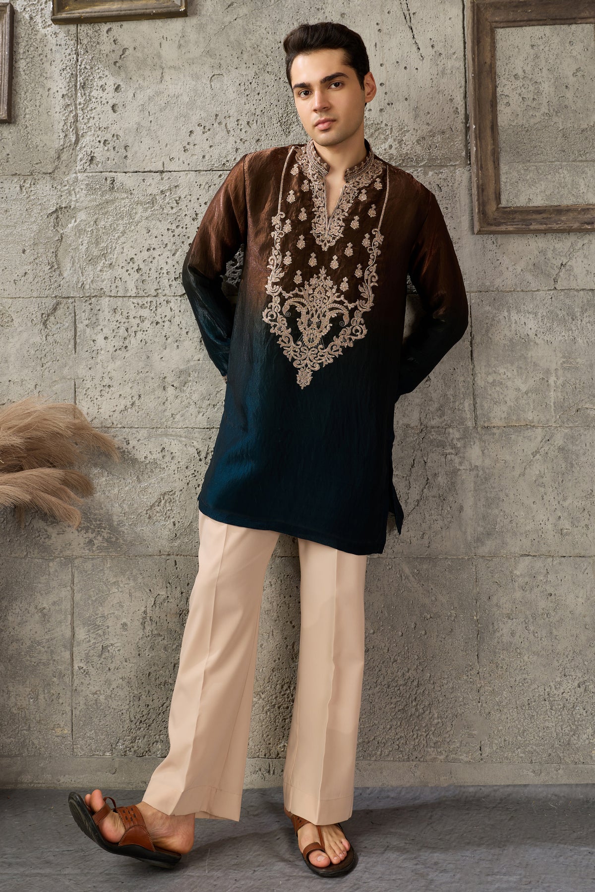 Back view of the brown kurta pajama set