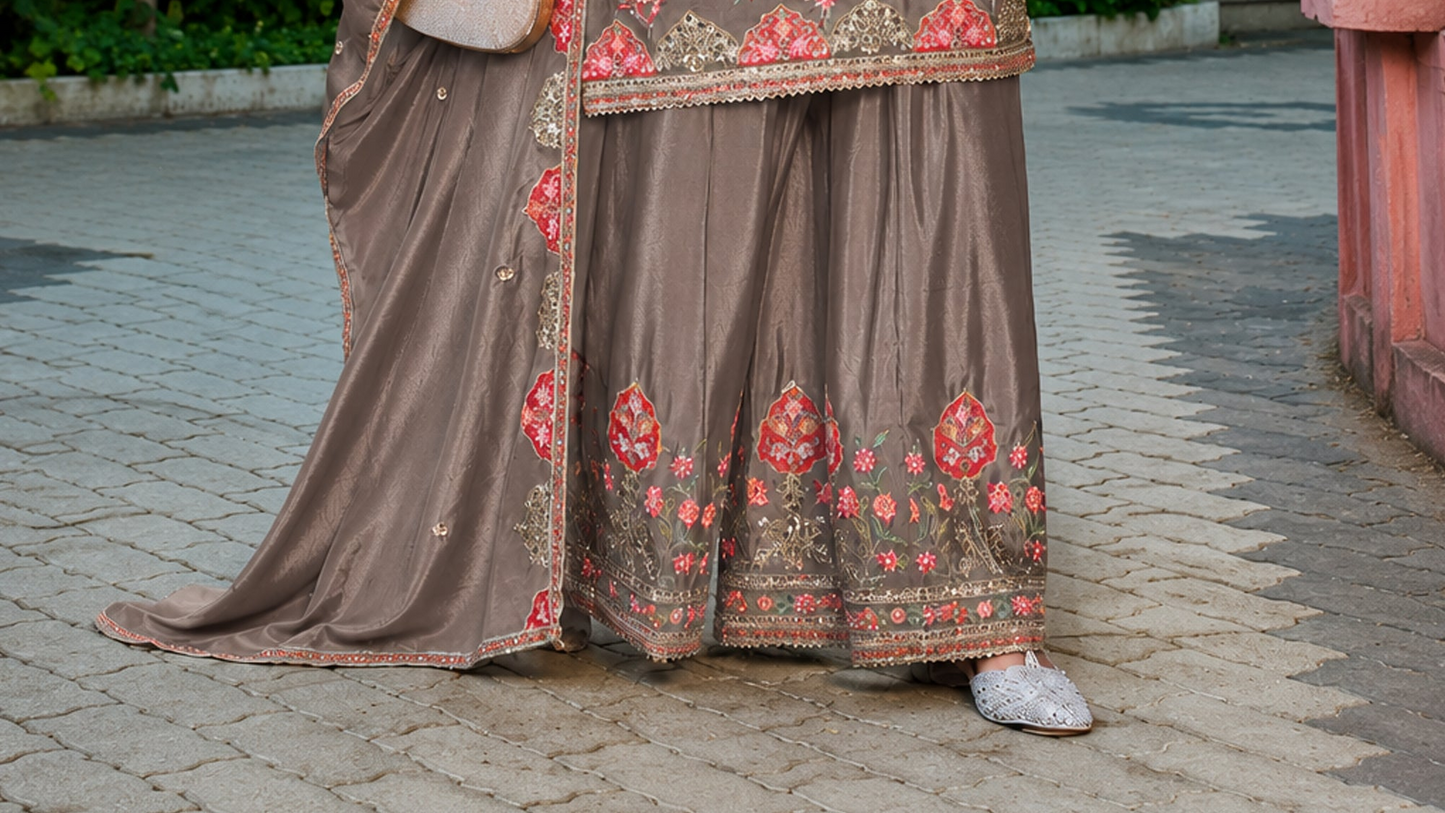 Embroidered brown palazzos with fancy coding dori texture