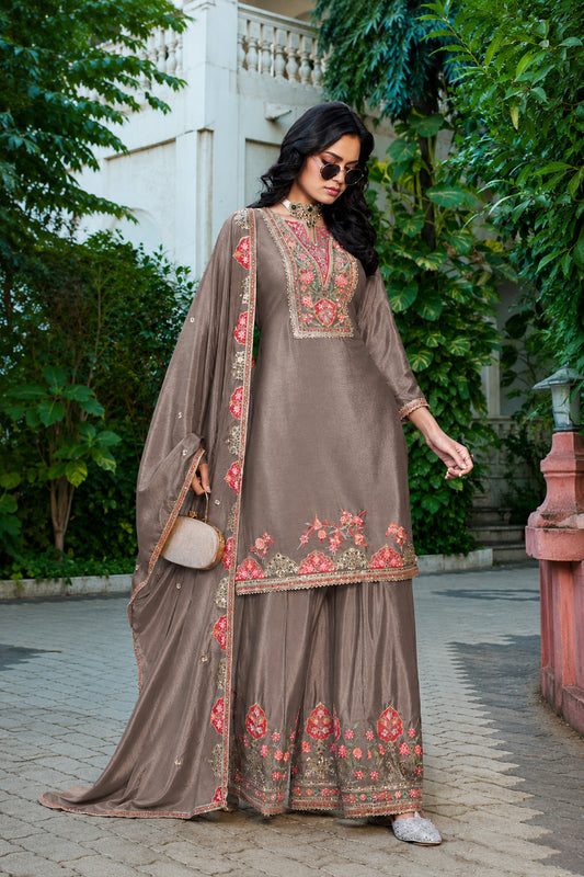Brown palazzo suit with Coding Dori and Sequence detailing