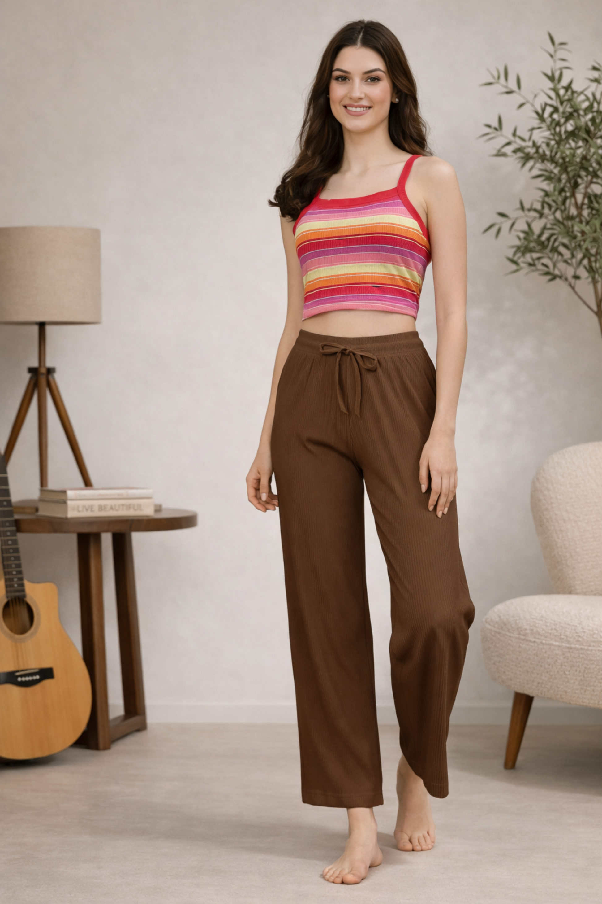 everyday brown track pant paired with casual top