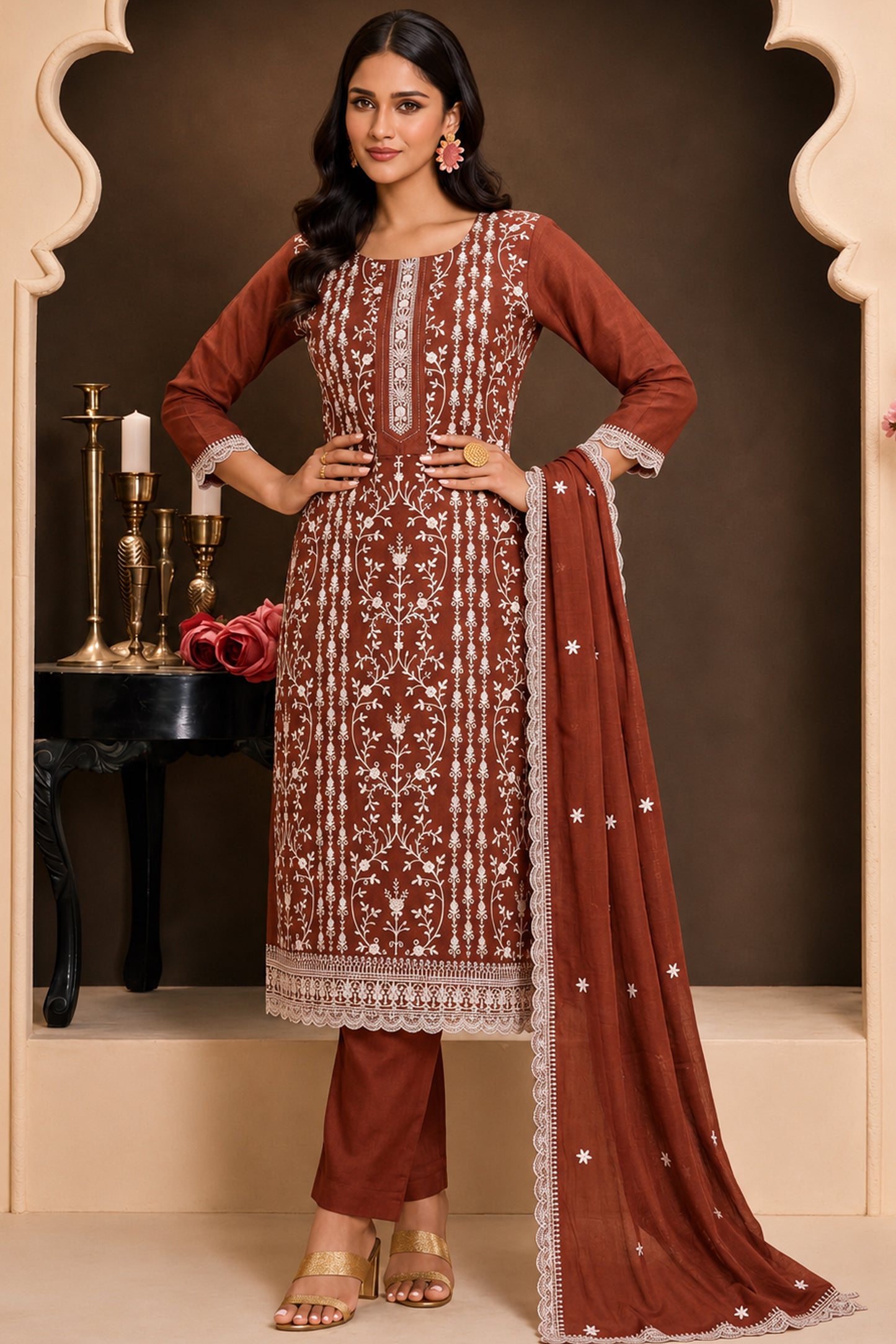 Brown Salwar Kameez with thread sequin embroidery in ready to wear silk styling