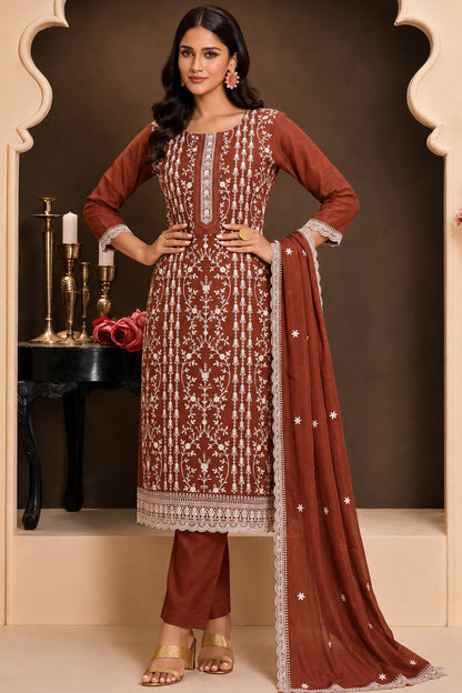 Brown Salwar Kameez with thread sequin embroidery in ready to wear silk styling