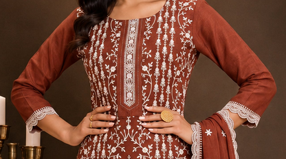 Close view of silk party wear salwar kameez with thread sequin detailing