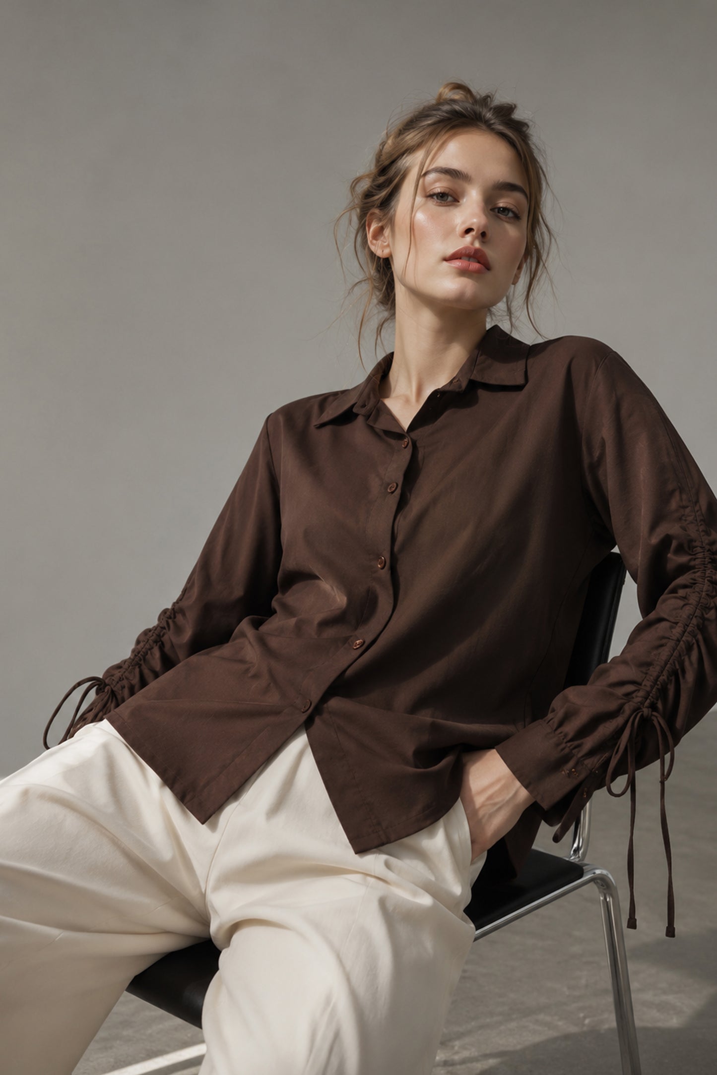 Seyuri solid brown cotton shirt with ruched tie sleeves