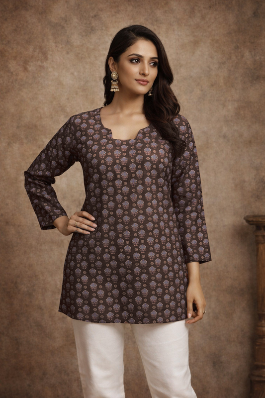 brown tops for women front view with digital print detail