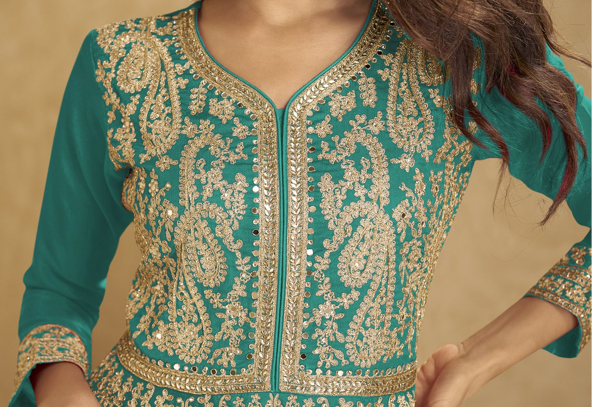 Indian Plazzo Suit close-up showing hand and mirror work
