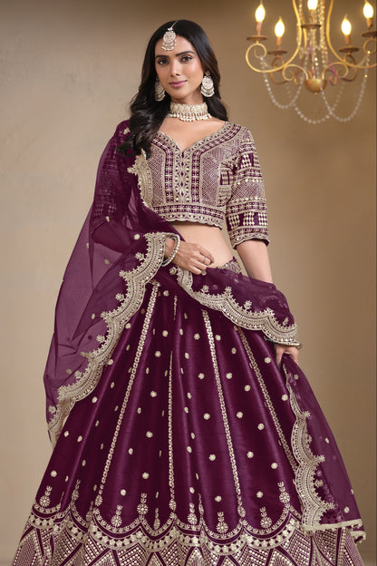 Sequins embroidery detail on burgundy silk lehenga fabric