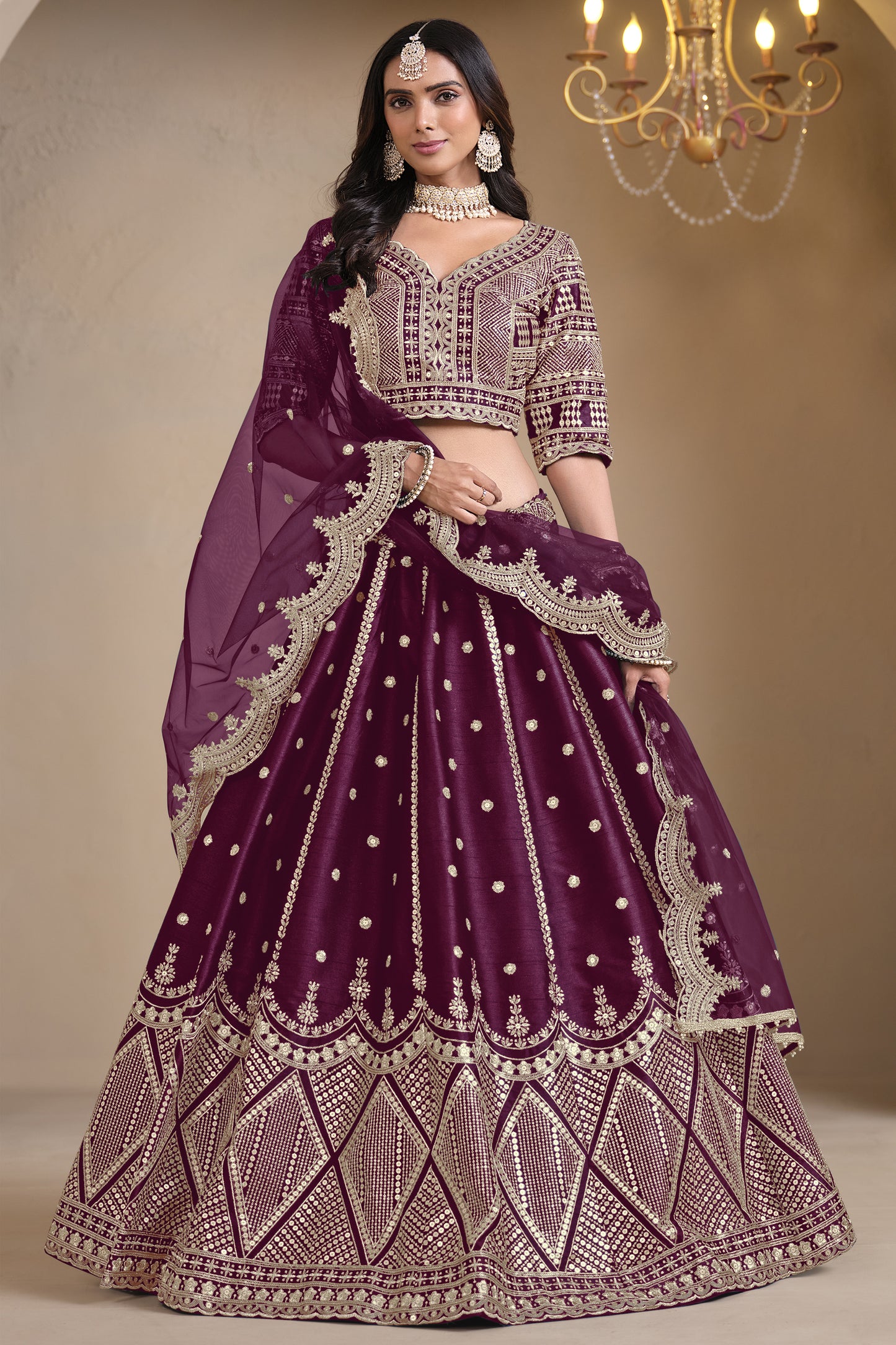 Burgundy lehenga choli full front view with silk drape