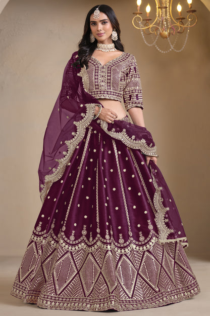 Burgundy lehenga choli full front view with silk drape