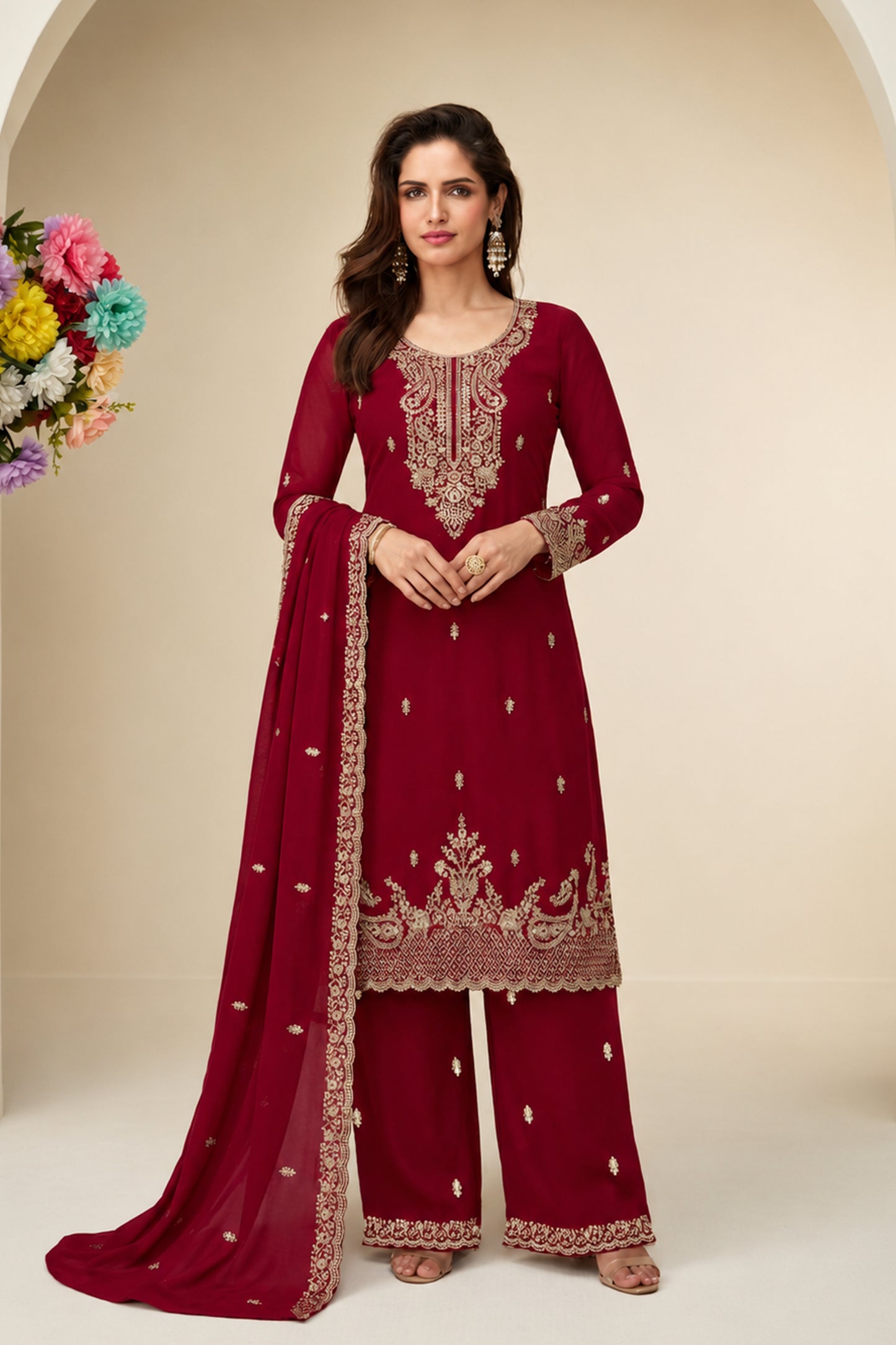 Burgundy Red Salwar Kameez with premium thread sequin embroidery