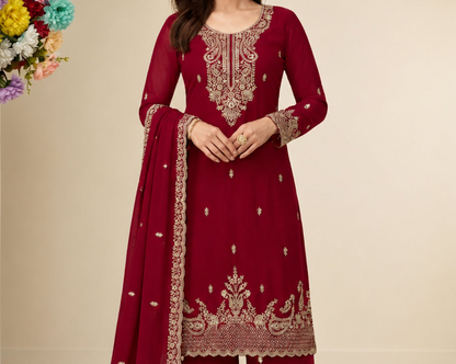 Burgundy Red Salwar Kameez styled for engagement celebration