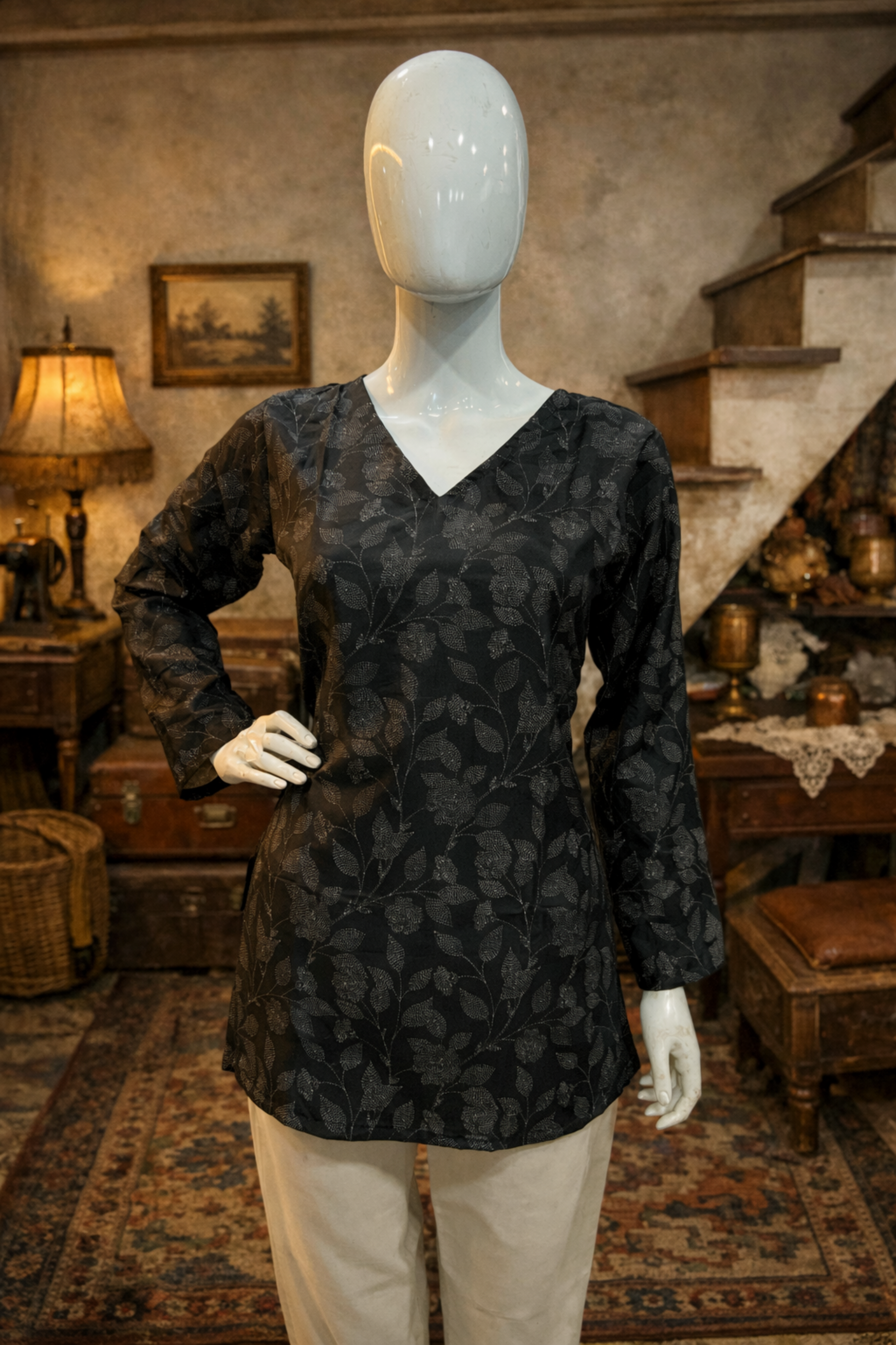 detailed neckline design of floral tunic for women