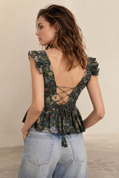 Green floral peplum top with relaxed waist gathered design
