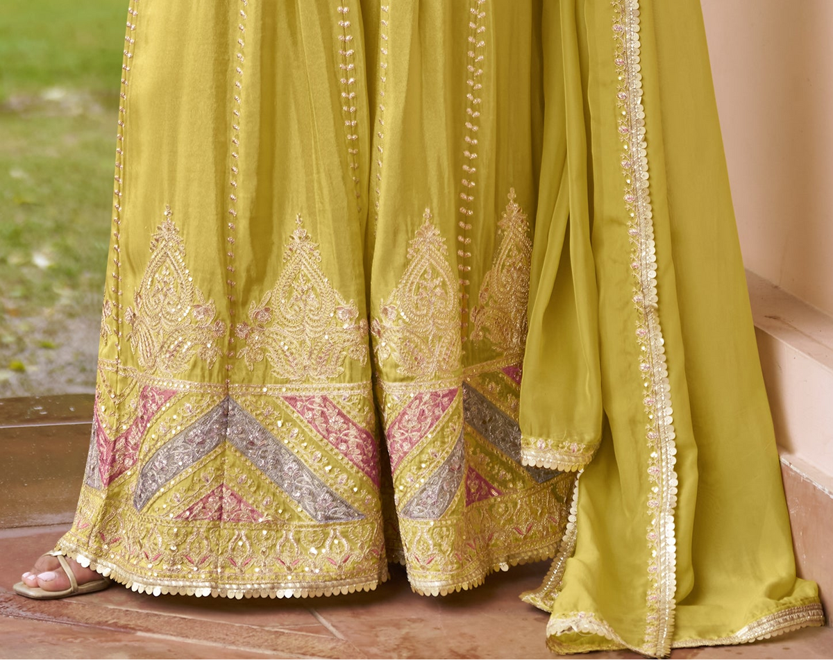 Mustard-lime sharara suit front view in Real Chinon