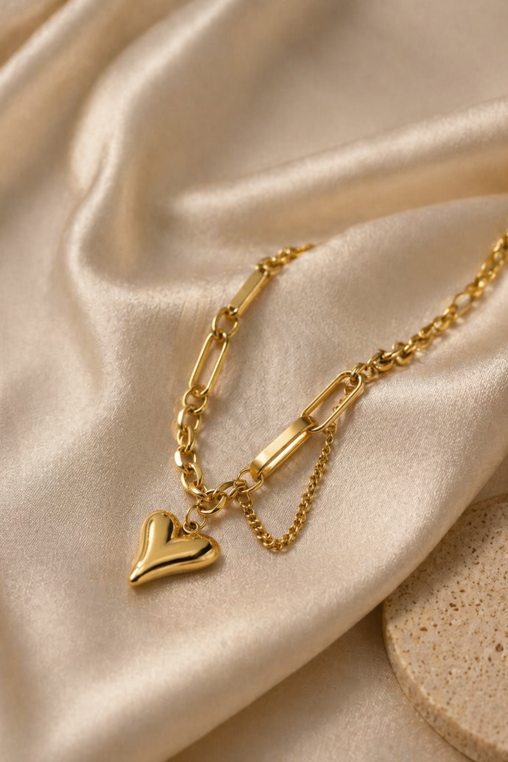 gold heart bracelet styled with knit sleeve