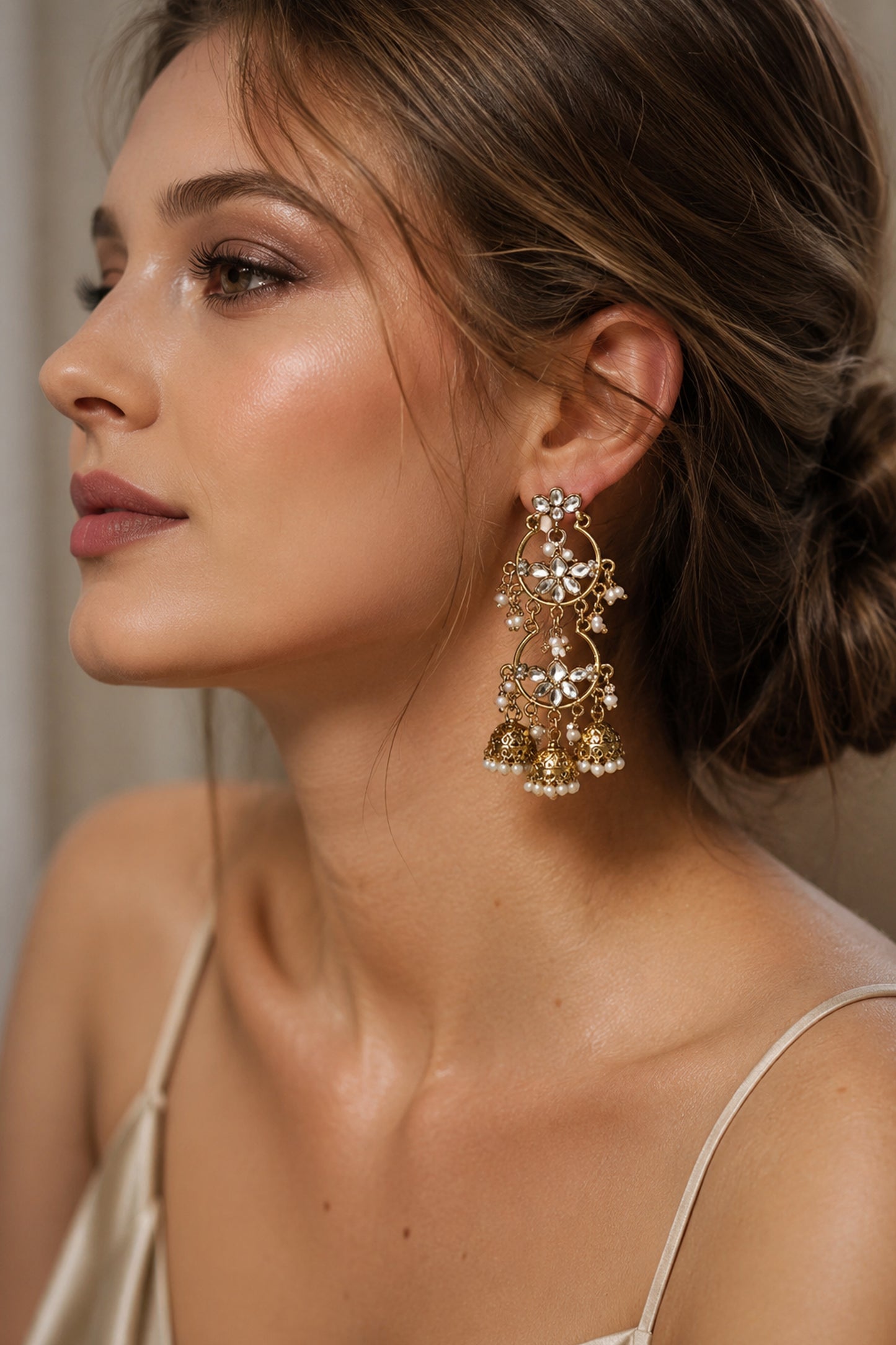 Double-layer floral earrings with clear decorative stones