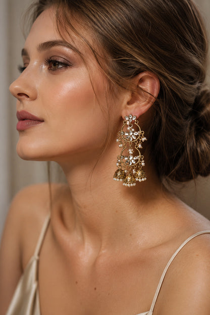 Double-layer floral earrings with clear decorative stones
