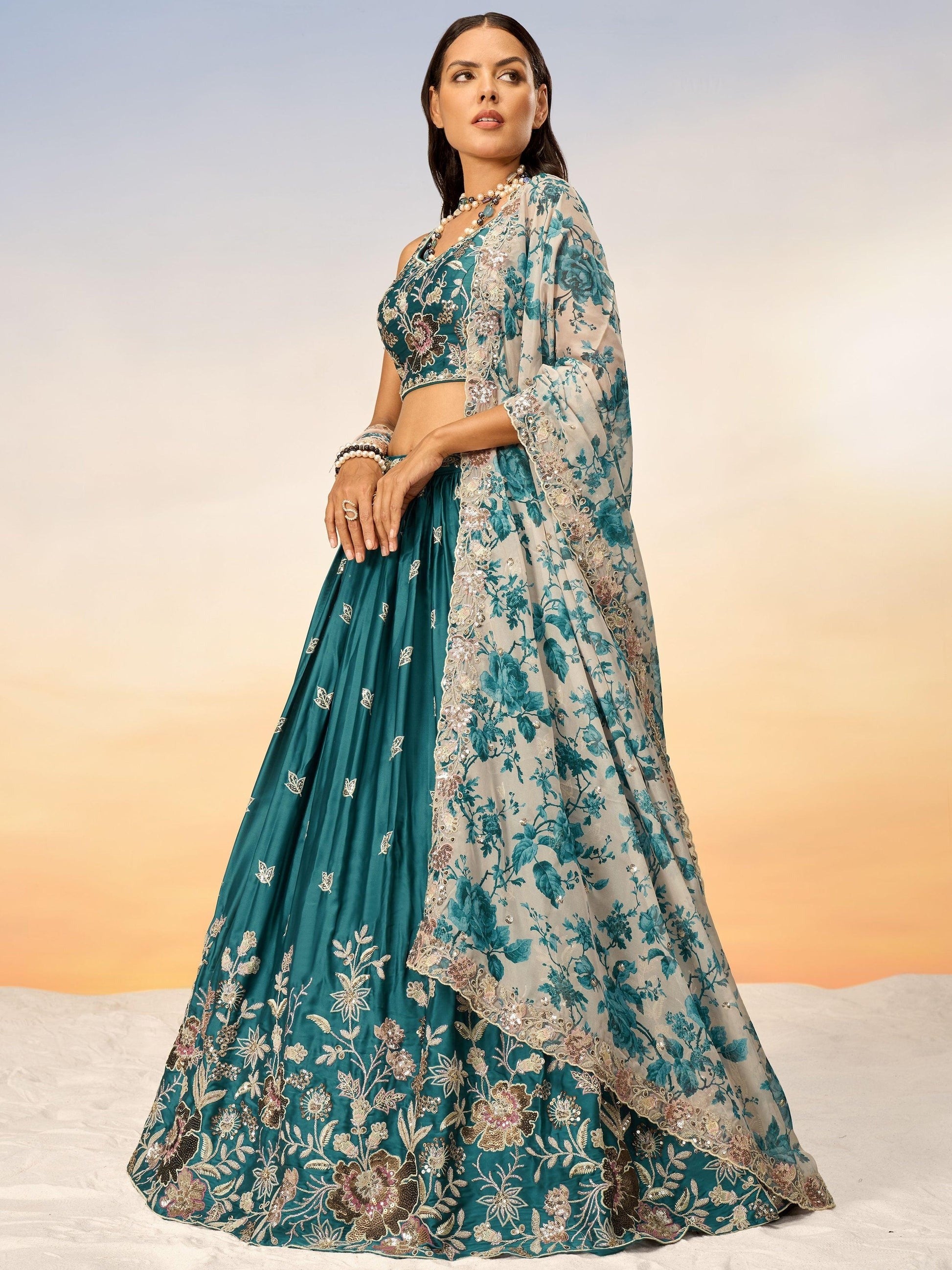 Side angle of heavy Dark Purple lehenga choli silhouette