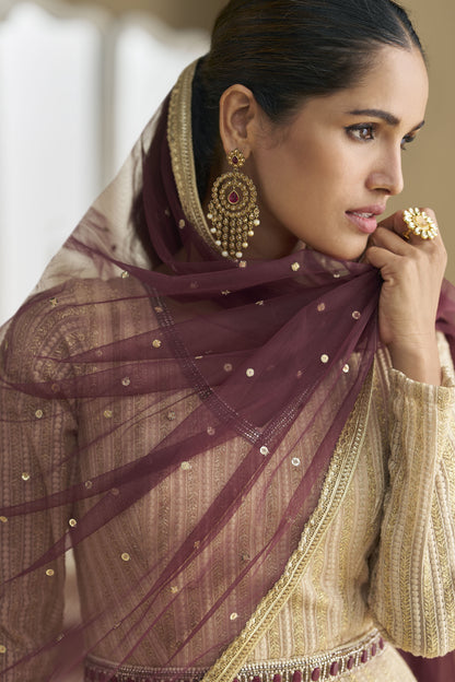 Sleeve detail of wine anarkali kurta with embroidery