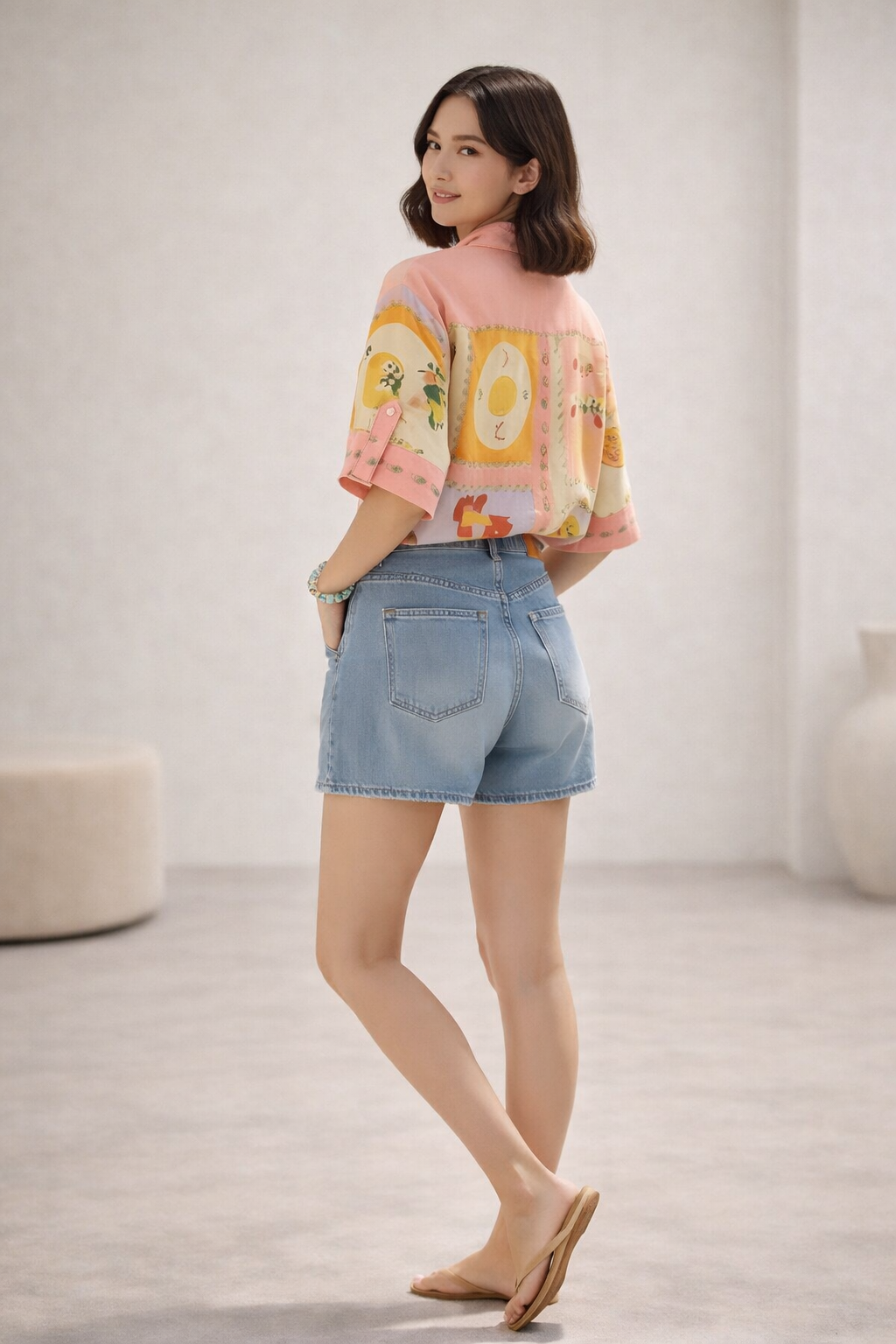 Back view of coral shirt with clean silhouette