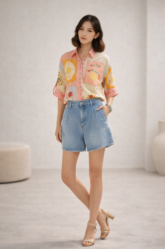 Coral beach wear shirt front view with sleeves