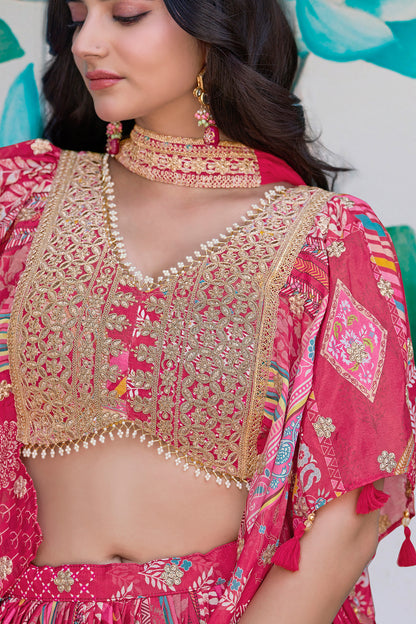 Chinnon silk lehenga choli with choker style detailing