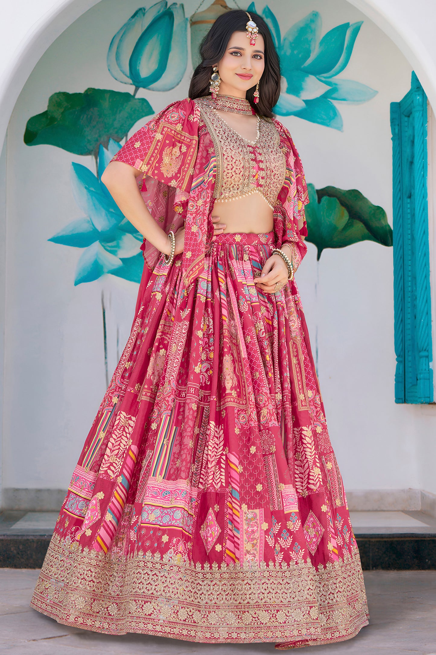 Chinnon silk lehenga choli with choker style detailing