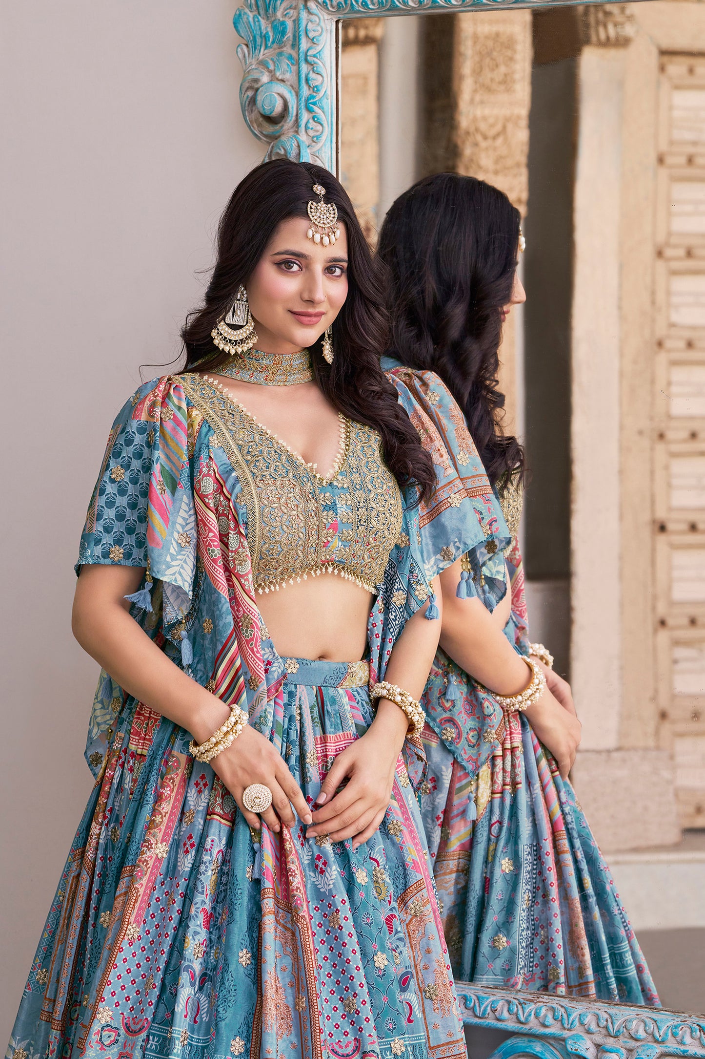 side profile of sky blue lehenga choli outfit