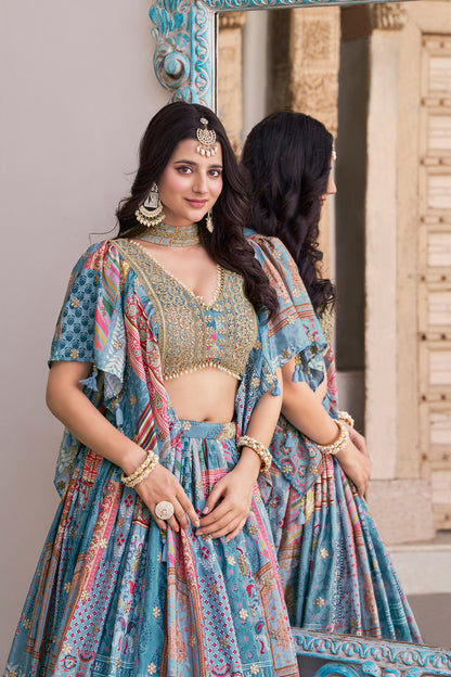 side profile of sky blue lehenga choli outfit