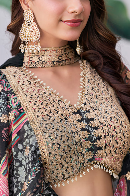 Zari work texture on black lehenga choli fabric