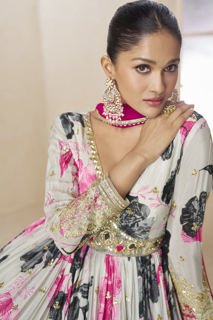 Wedding-ready white anarkali Indian dress with embroidery