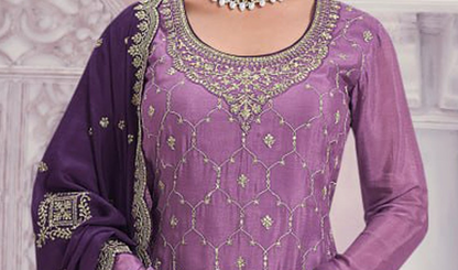 Chinon embroidered palazzo dress set with dupatta front pose