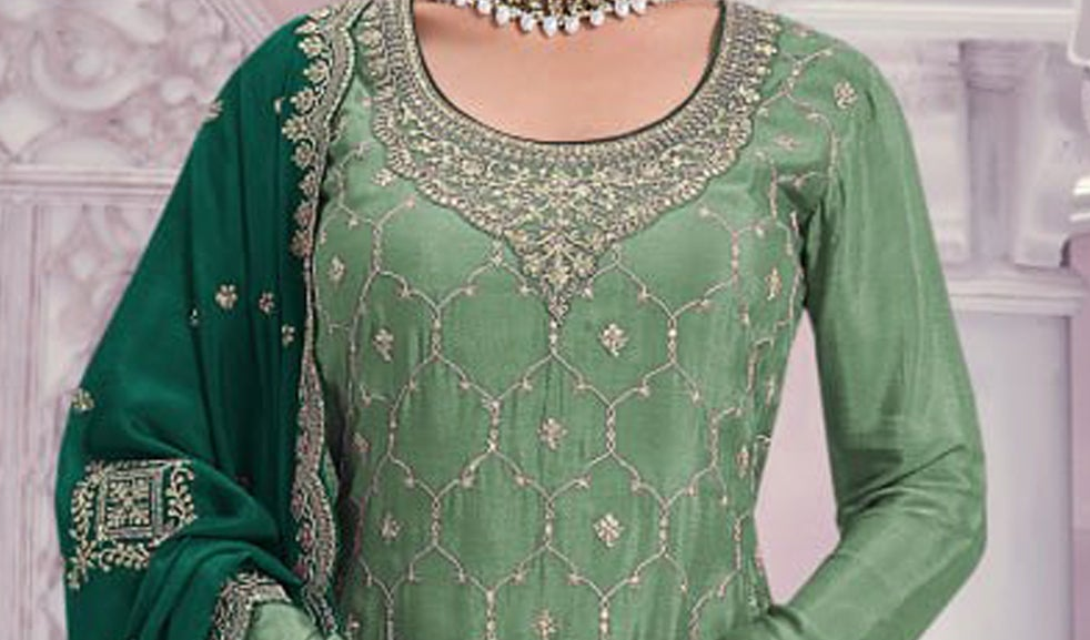 Chinon embroidered salwar suit set with dupatta front pose view
