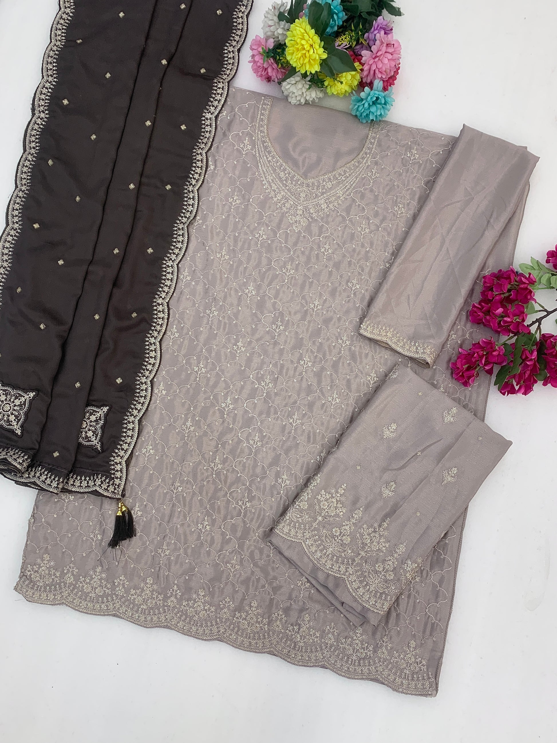 Light gray party wear palazzo suit with matching dupatta