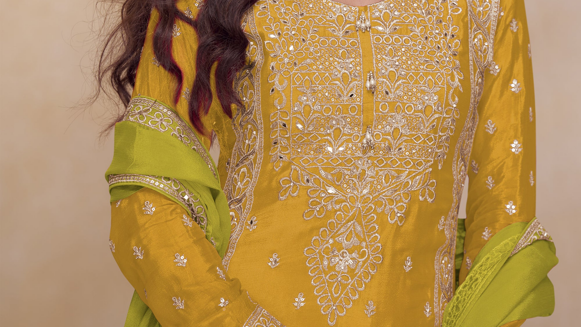 Hand work embroidery detail on mustard kameez panel