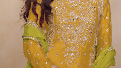 Hand work embroidery detail on mustard kameez panel