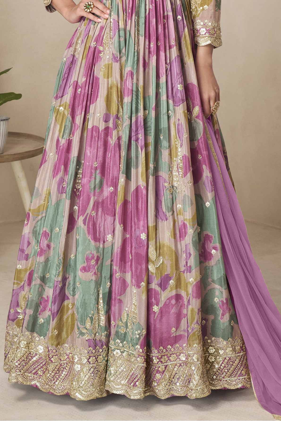 Lavender anarkali dress with sheer net dupatta styling