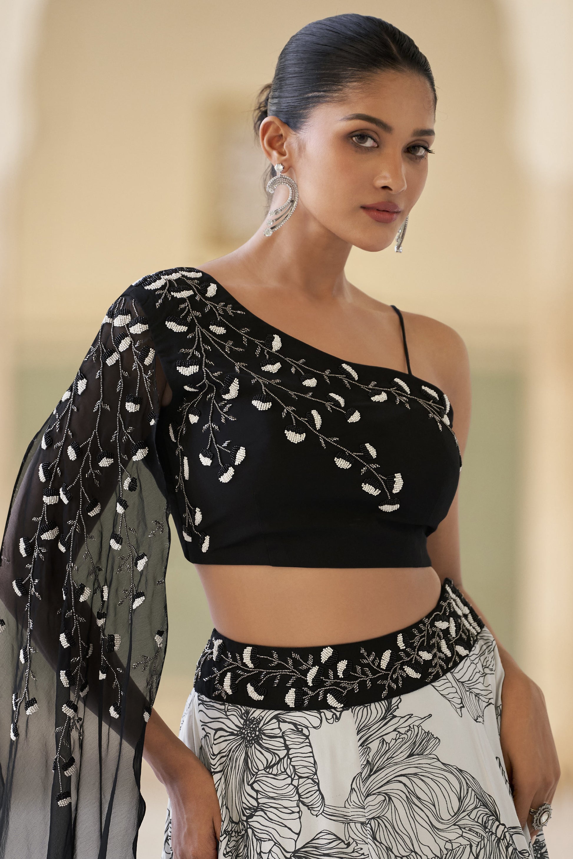 black lehenga choli close up of chinon fabric texture
