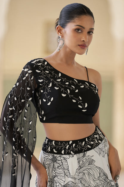 black lehenga choli close up of chinon fabric texture